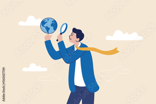 Global world economic analysis, international work opportunity, oversea research or investment country risk, region or foreign career searching concept, businessman analyze global world business.