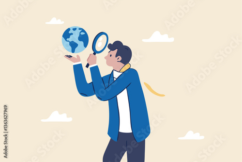 Global world economic analysis, international work opportunity, oversea research or investment country risk, region or foreign career searching concept, businessman analyze global world business.