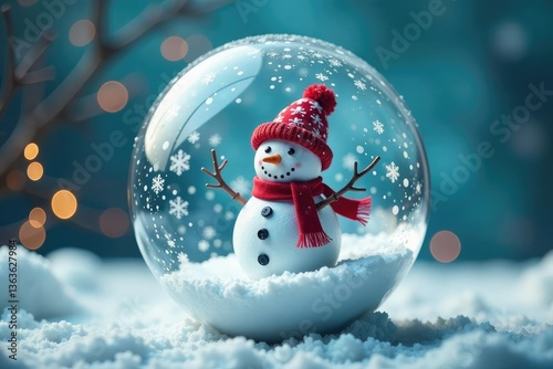 Snowman and snowflakes suspended in mid-air inside the globe, ribbons, snowman