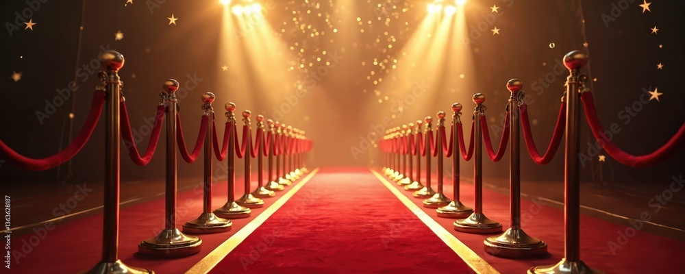 Naklejka premium Red carpet entrance Hollywood film festival. Velvet rope, gold stanchions mark premiere access. Stars under spotlight, luxury event, celebration. Success, glamour, VIP access, awards night,