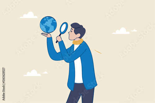 Global world economic analysis, international work opportunity, oversea research or investment country risk, region or foreign career searching concept, businessman analyze global world business.
