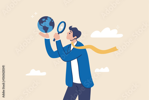 Global world economic analysis, international work opportunity, oversea research or investment country risk, region or foreign career searching concept, businessman analyze global world business.