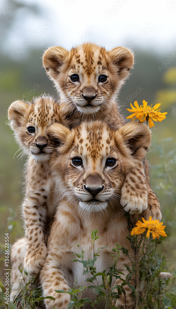 Obraz premium Three lion cubs stacked together outdoors in a meadow, looking toward viewer with yellow flowers