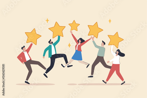 Customer experience, best score rating, client feedback or consumer review, 5 stars rating, like or positive survey, customer satisfaction concept, happy young adult customer holding 5 stars rating.