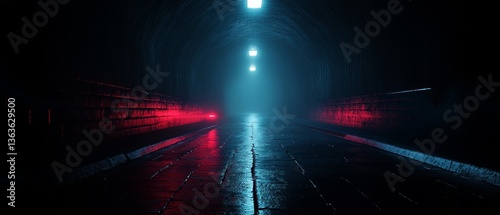 A dark tunnel with a red and blue light