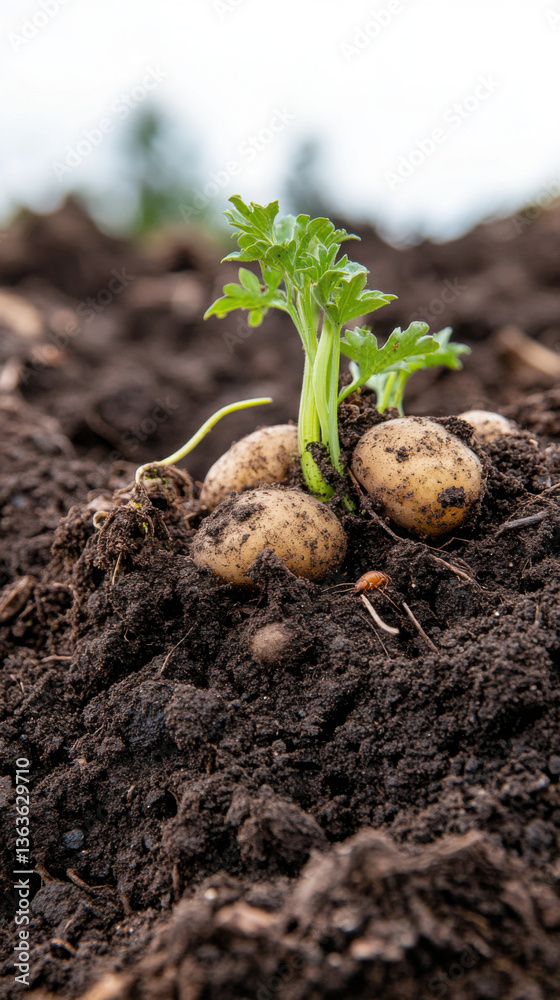 Chaos gardening and wild composting concept with sprouting potatoes in a corner garden Chaos gardening and wild composting concept with sprouting potatoes in a corner garden