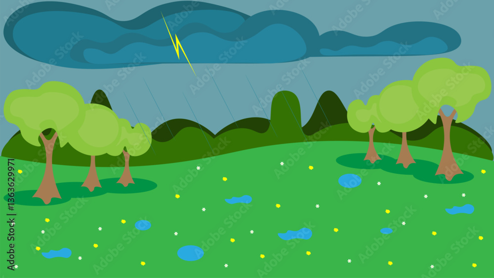 Obraz premium Cloudy rainy day. A gloomy rain cloud with lightning and raindrops. Vector flat illustration