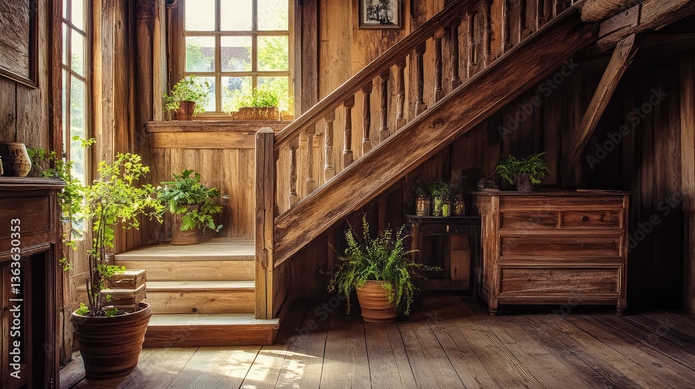 Fototapeta premium A countryside home interior with a wooden staircase made of reclaimed barn wood, giving it a weathered, rustic charm.