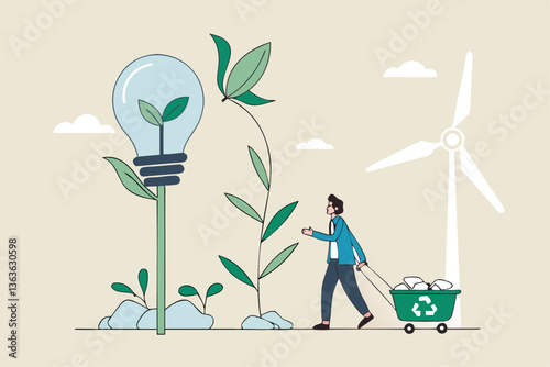 Sustainability business, ESG environmental social governance, green or clean energy, eco friendly ecology to help climate change, recycle concept, businessman pouring ecology plant with clean energy.