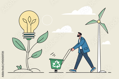 Sustainability business, ESG environmental social governance, green or clean energy, eco friendly ecology to help climate change, recycle concept, businessman pouring ecology plant with clean energy.