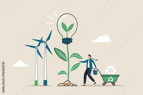 Sustainability business, ESG environmental social governance, green or clean energy, eco friendly ecology to help climate change, recycle concept, businessman pouring ecology plant with clean energy.