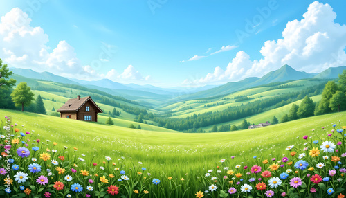 A landscape view shows a house near a field with a variety of flowers. Behind the field are multiple mountains. The sky has some clouds