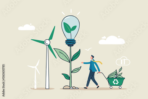 Sustainability business, ESG environmental social governance, green or clean energy, eco friendly ecology to help climate change, recycle concept, businessman pouring ecology plant with clean energy.
