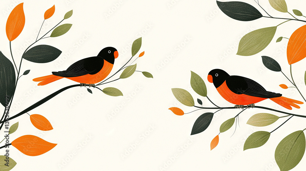 Fototapeta premium A stunning depiction of two birds perched on a tree branch with rustling leaves, accompanied by the word lovely inscribed below