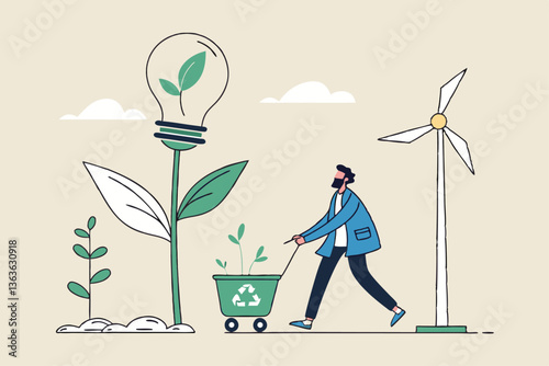 Sustainability business, ESG environmental social governance, green or clean energy, eco friendly ecology to help climate change, recycle concept, businessman pouring ecology plant with clean energy.