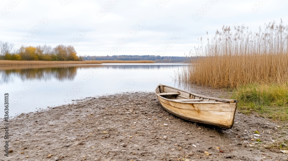 Obraz premium Tranquil wooden boat on a lake shore