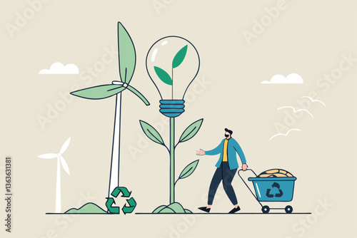 Sustainability business, ESG environmental social governance, green or clean energy, eco friendly ecology to help climate change, recycle concept, businessman pouring ecology plant with clean energy.