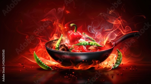 Flaming StirFry A Sizzling Pan with Fresh Vegetables and Fiery Flames for Culinary Enthusiast