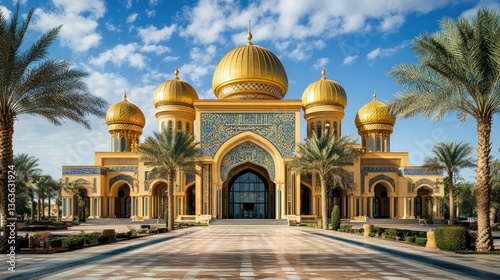 Splendid Arabian Palace with Golden Domes and Intricate Details Amidst Palm Trees