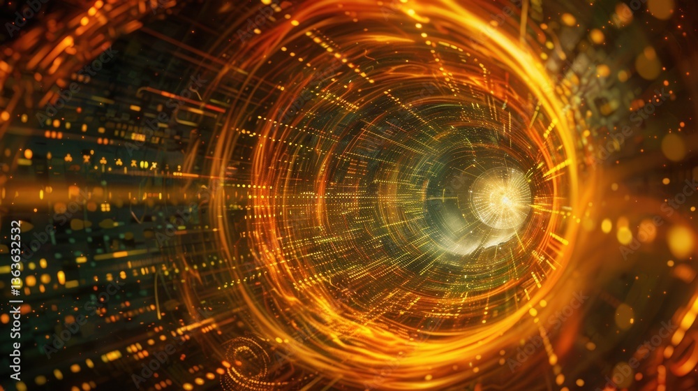 Fototapeta premium Cyberpunk atmosphere artifacts illuminate a digital data vortex, binary code streams flow in a matrix-style technological singularity.