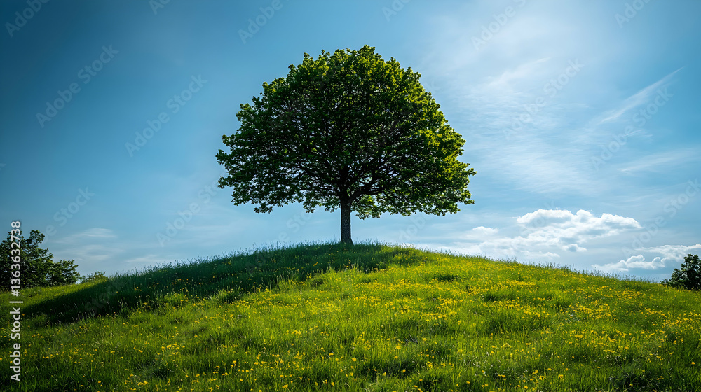 Obraz premium Tree on a hill with green grass and yellow wildflowers against a blue sky