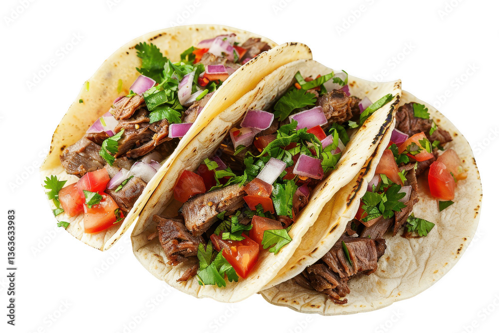 Three delicious tacos with meat and fresh toppings isolated on transparent background