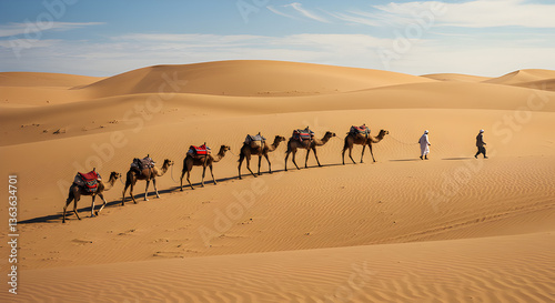 Serene desert landscape featuring a camel caravan crossing majestic sand dunes