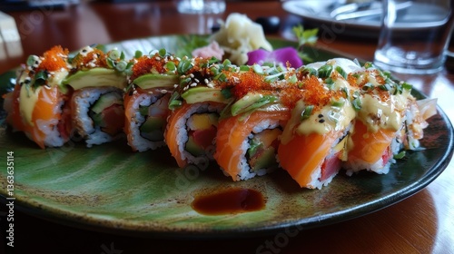 Colorful Salmon Sushi Rolls Topped with Avocado and Tobiko on Green Plate