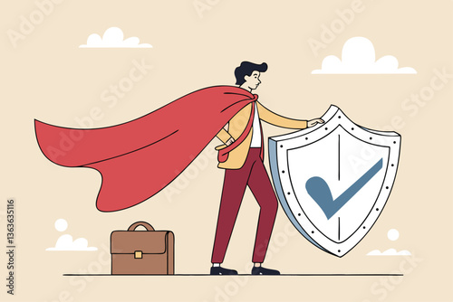 Security safety, protection or shielding insurance, privacy protect, defense from cyber attack, safeguard, guarantee or threats control concept, businessman superhero holding strong protection shield.