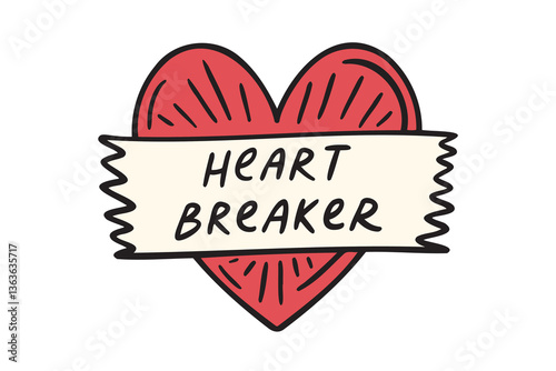 funny retro heart breaker text vintage heart emblem or sticker. Cartoon pink broken heart. Girl badges or patches teen design.