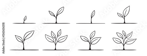 Growing sprout plant doodle hand drawn icon set. Growth phases and stages outline drawing line clipart symbol collection