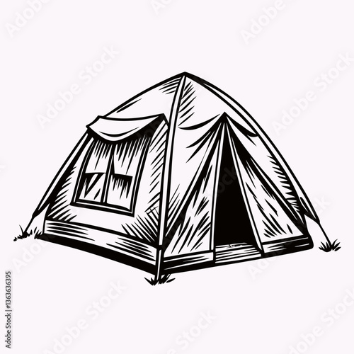 Camping Tent Sketch.
Black-and-white hand-drawn sketch of a camping tent with flap open. Simple contrast style. Use in travel guides, forest signage, survival gear branding, or outdoor logos.         