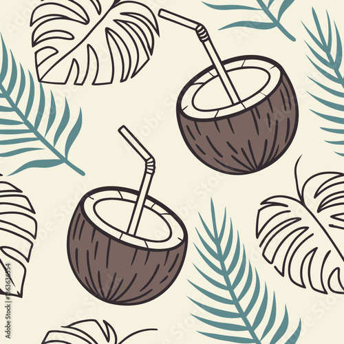 Tropical coconut and palm pattern with stylized monstera leaves on beige background. Muted colors with teal fronds and dark brown coconuts. Concept: beach resorts, summer apparel, tropical beverages.