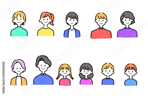 様々な世代の人々　線画　イラスト