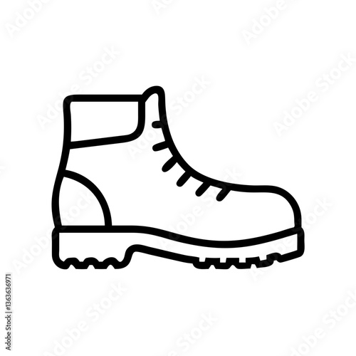 Minimalist hiking boot line drawing with laces and reinforced toe. Simple depiction of sturdy outdoor footwear with thick sole for rugged terrain. Concept outdoor retailers, adventure tourism, camping