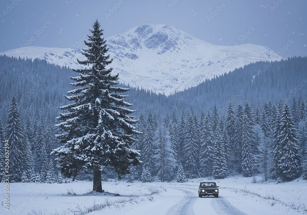 Fototapeta premium 雪景色 静寂な森を走る車 幻想的な冬の風景