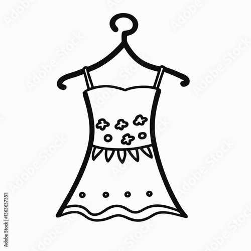 Sundress on hanger adorned with delicate floral details captures summer simplicity. Line drawing features bodice and flared skirt with dotted accents. Concept: children's clothing, summer fashion