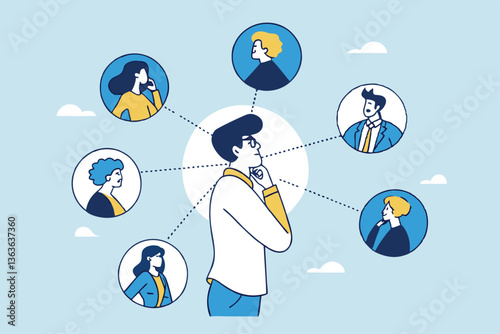 360 degree feedback, assessment or performance appraisal, customer review, testimonial or job networking, employee evaluation, rating or survey concept, businessman get feedback from colleagues.