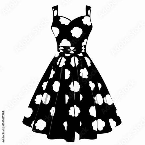 Vintage floral dress illustration captures 1950s fashion nostalgia. Black and white drawing features sweetheart neckline , full skirt silhouette Concept retro fashion, wedding attire, women's boutique