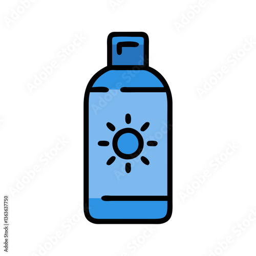 Light blue sunscreen bottle with dark blue cap features sun icon branding. Simple line drawing creates clean, modern aesthetic for summer skincare. Concept: beach essentials, dermatology, outdoor acti