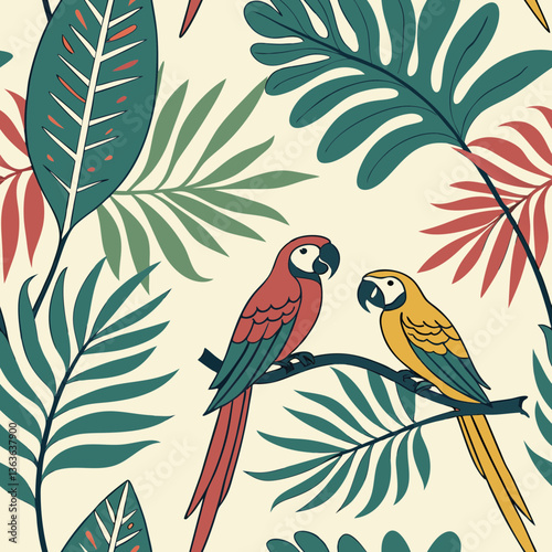 Tropical parrots perch among vibrant foliage in mid-century modern illustration. Red and yellow birds contrast with teal and orange-red leaves on cream background. Concept: home decor, tropical resort