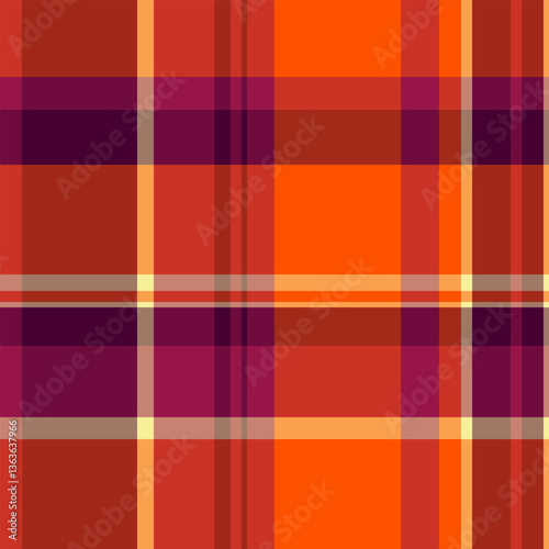 Vibrant autumnal plaid pattern in warm oranges, reds, and purples.  Perfect for fallthemed designs, textiles, websites, or backgrounds. This seamless texture offers a bold and stylish aesthetic.