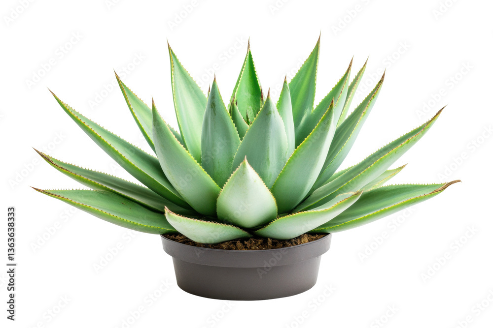 Fototapeta premium Vibrant succulent plant in pot with sharp green leaves, cut out