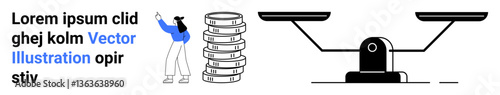 Professional organizing coins beside balanced scale, promoting financial management, stability, and equilibrium. Ideal for finance, business, equality, legal themes, responsibility organization