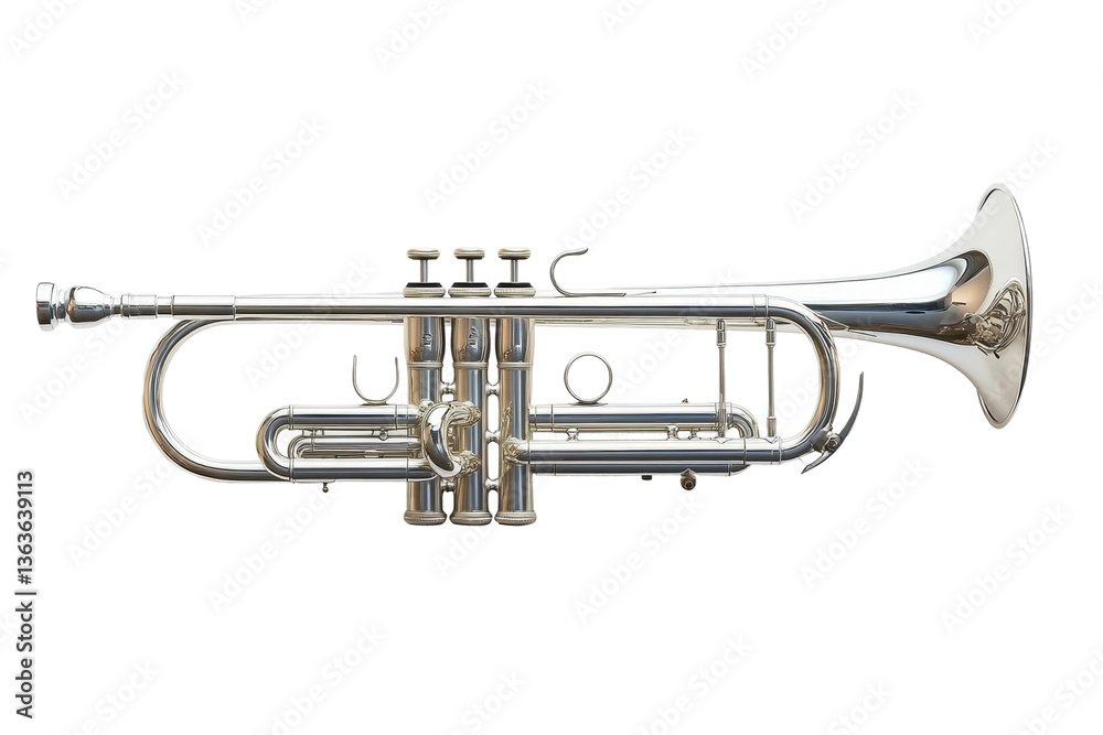 Obraz premium Silver trumpet brass instrument with valves isolated on black background, cut out