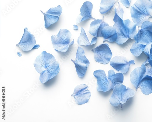 Scattered Blue Flower Petals on White Background with Delicate Texture