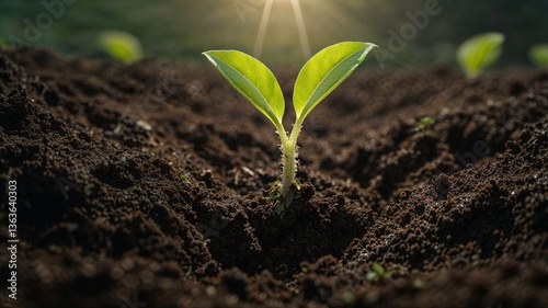 Young seedling sprouting hopefully from fertile soil against a blurred field backdrop

