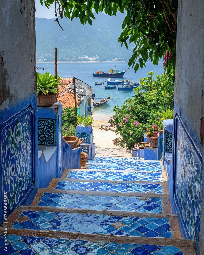 Fototapeta premium Scenic Coastal Staircase: A Vietnamese Coastal Village Escape