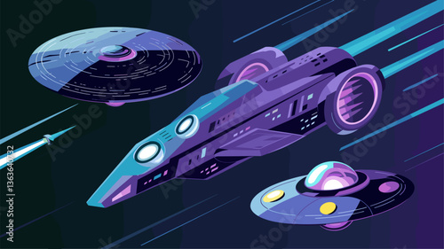 Explore the cosmos with these sleek, stylized spacecraft. Featuring dynamic lines and vivid hues, perfect for sci-fi themes.