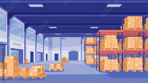 A spacious warehouse featuring organized shelving and stacked boxes. The bright blue decor and ample lighting create an efficient storage solution.